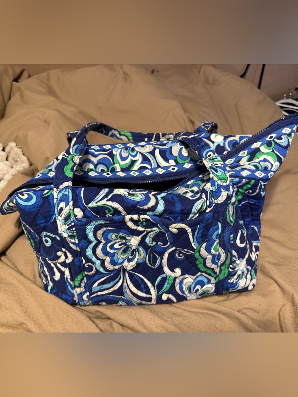 Vera Bradley Quilted Floral Tote in Navy, Teal and White